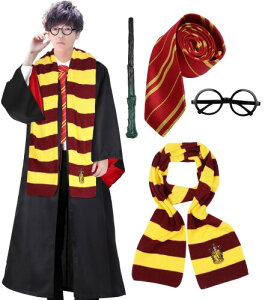 (LAMONKE) ハリーポッター コスプレ グリフィンドール 寮服 ハロウィン 仮装 ローブ 眼鏡 ネクタイ マフラー 魔法の杖 衣装5点セット 大人用 コスチューム パーティー クリスマス USJ ユニバ