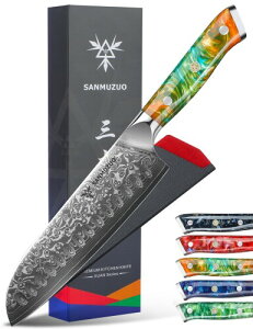 SANMUZUO Santoku Knife - 7 inch - Xuan Series - VG10 Damascus Steel Kitchen Knife - Resin Handle (Fantasy Orange)