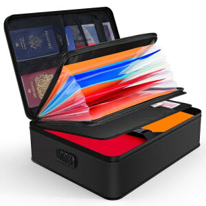 JUNDUN 耐火バッグ、ロック付き耐火ドキュメントボックス、耐火ケース、7 ポケットファイルフォルダー付き、書類ケースとパスポート用のポータブル耐火金庫保管ボックスホルダー