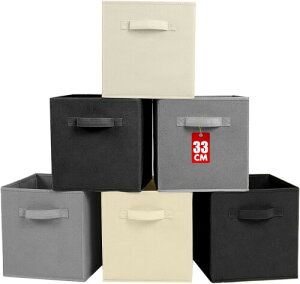 LONGSHINING 収納ボックス 折りたたみ式 収納ケース 6点セット 取っ手付き 不織布製 幅33×奥行33×高さ33cm カラーボックス対応 衣類収納 おもちゃ収納 リビング収納 小物入れ 雑貨整理 文書