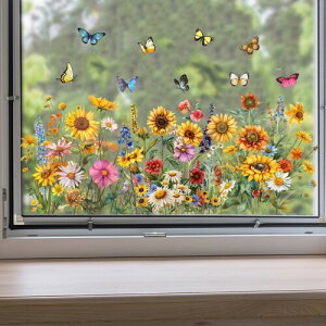 ウォールステッカー 花 壁 窓 春 草 花 蝶 ウォールステッカーPVC素材 剥がせるウォールシール 戸棚 浴室 ガラス ステッカー DIY 両面印刷 水で貼る 貼り直し可能(ひまわり)