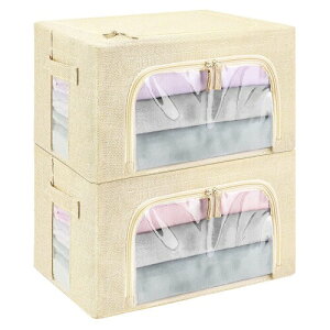 衣装ケース 布2個 ANIOBMAN 収納ボックス 衣類 折りたたみ 収納袋 綿麻 多機能収納ケース ワイヤー入り オフホワイト