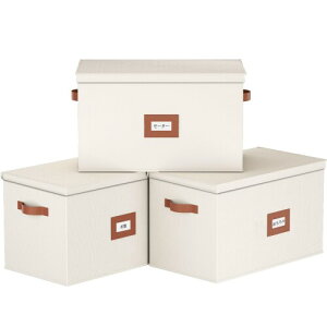 VERONLY 収納ボックス 蓋付き 3個組 カラーボックス 大容量 収納ケース 折り畳み 無臭 防塵 防湿 取っ手付き おもちゃ 衣類 タオル 書類 書籍の収納 (アイボリーホワイト, 38x25x25cm)