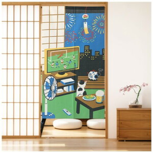 SAWABIYA 暖簾 のれん 和モダン 間仕切りカーテン 可愛い ネコ おしゃれ 梨地生地 ロング 目隠し 遮光 玄関 階段 廊下 リビング 脱衣所 お風呂 戸口プライバシー保護 ドア 仕切り (花火・猫,