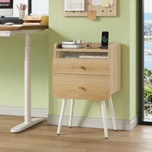 Pinmoco ベッドサイドテーブル 引き出し付き ナイトテーブル 幅40×奥行30×高さ64cm USB-A&USB-Cポート付き LEDライト付き おしゃれ サイドテーブル ベッド横 ソファ横 転倒防止 木製 ナチュラル