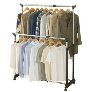 ドウシシャ ハンガーラック 縦横伸縮 ハンガーダブル タテにもヨコにも伸びて広がる 頑丈 全体耐荷重20kg 幅91~124×奥行44.5×高さ90~156cm キャスター付き 大容量 黒 室内干し 洋服収納 服掛