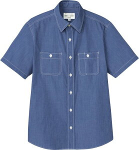 アルベ シャツ 兼用 半袖 ダンガリー デニム 襟付き ダブルステッチ SS~4L カジュアル 爽やか 動きやすい レストラン カフェ 厨房 制服 EP8606 C-5 ネイビー M