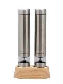 ケヴンハウン(Kevnhaun) 電動ソルト&ペッパーミル 2本セット ワンタッチで使える便利な電動ミル 食卓に馴染むシルバーカラー 木製スタンド付き 乾電池式 KDS.8991