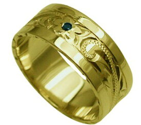 ハワイアンジュエリー リング 指輪 オーダーメイド しっかりした1.5mm厚 幅8mm 14K ゴールド グリーンゴールド ブラックダイヤ入り スペシャルプレーンリング ハワイ製 手彫りリング メンズ レディース 結婚指輪 マリッジリング ウェディングリング 2号-28号
