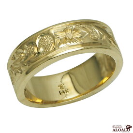 ハワイアンジュエリー リング 指輪 オーダーメイド しっかりした1.5mm厚 幅6mm 14K ゴールド グリーンゴールド フラットリング ハワイ製 手彫りリング メンズ レディース 結婚指輪 マリッジリング ウェディングリング 2号-28号