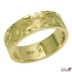 ハワイアンジュエリー リング 指輪 オーダーメイド 重厚な立体感2mm厚 幅6mm 14K ゴールド グリーンゴールド フラットリング ハワイ製 手彫りリング メンズ レディース 結婚指輪 マリッジリング ウェディングリング 2号-28号