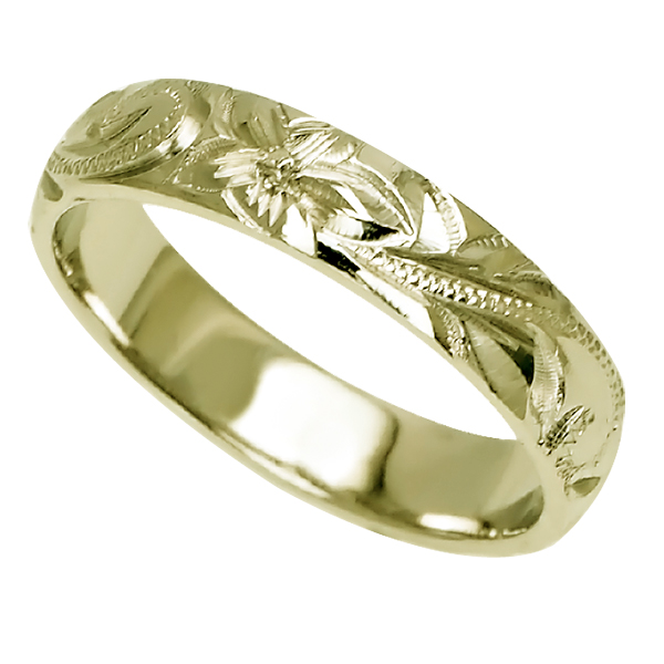 ハワイアンジュエリー リング 指輪 オーダーメイド お手軽な1.25mm厚 幅4mm 14K ゴールド グリーンゴールド バレルリング ハワイ製  手彫りリング メンズ レディース 結婚指輪 マリッジリング ウェディングリング 2号-28号 | ハワイアンジュエリー　アロアロ