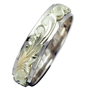 ハワイアンジュエリー リング 指輪 オーダーメイド 幅6mm 14K ゴールド 2トーンリング グリーンホワイトゴールド バレルリング ハワイ製 手彫りリング メンズ レディース 結婚指輪 マリッジリ