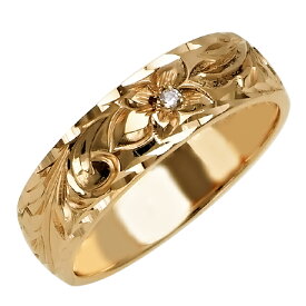 ハワイアンジュエリー リング 指輪 オーダーメイド 1.5mm厚 幅6mm 14K ゴールド イエローゴールド ダイヤモンド バレルリングハワイ製 手彫りリング メンズ レディース 結婚指輪 マリッジリング ウェディングリング 2号-28号