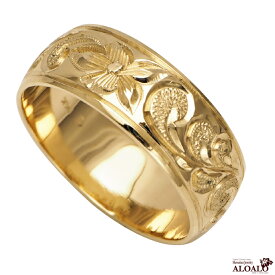 ハワイアンジュエリー リング 指輪 オーダーメイド 重厚な立体感2mm厚 幅8mm 14K ゴールド イエローゴールド バレルリング ハワイ製 手彫りリング メンズ レディース 結婚指輪 マリッジリング ウェディングリング 2号-28号