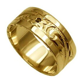 ハワイアンジュエリー リング 指輪 オーダーメイド お手軽な1.0mm厚 幅8mm 14K ゴールド イエローゴールド ブラックダイヤ入り スペシャルプレーンリング ハワイ製 手彫りリング メンズ レディース 結婚指輪 マリッジリング ウェディングリング 2号-28号