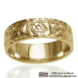 ハワイアンジュエリー リング 指輪 オーダーメイド しっかりした1.5mm厚 幅6mm 14K ゴールド イエローゴールド フラットリング ハワイ製 手彫りリング メンズ レディース 結婚指輪 マリッジリング ウェディングリング 2号-28号