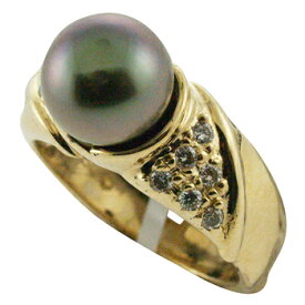 ハワイアンジュエリー リング 指輪 14K ゴールド タヒチアンパール 黒真珠 ランクAAA ダイヤモンドデザインブラックパールリング レディース ゴールド