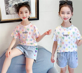 【スーパーSALE 店内10％OFF】子供服 セットアップ キッズ 女の子 半袖 2点セット 上下セット Tシャツ デニム ショートパンツ おしゃれ カジュアル 涼しい 可愛い 新品