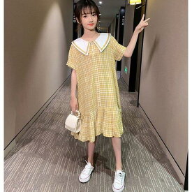 ワンピース キッズ 子供服 女の子 夏 キッズワンピース 半袖ワンピース 折り襟 チェック柄 夏服 チュニック 子供ドレス お姫様 おしゃれ カジュアル 可愛い 新品