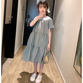 子供服 ワンピース キッズ 女の子 春夏 子供ドレス dress 韓国子供服 ジュニア 膝丈ワンピース 半袖 蝶結び チェック柄 カジュアル おしゃれ 可愛い 通学着 新品