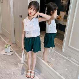 子供服 セットアップ キッズ 女の子 ノースリーブ 春夏 2点セット 上下セット Tシャツ 薄手 ショートパンツ おしゃれ カジュアル 涼しい 可愛い ジャージ 新品