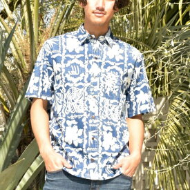 ハワイアン アロハシャツ メンズ シャツ 半袖シャツ 総柄 リバーシブルプリント 裏使い リゾート 海 ビーチ サーフ タウン 夏 おしゃれ ファッション （ネイビー 紺）（M L）（パベヒ） プレゼント ギフト