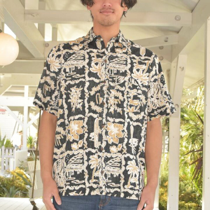 楽天市場 期間限定sale ハワイアン アロハシャツ メンズ シャツ 半袖シャツ 総柄 リバーシブルプリント 裏使い リゾート 海 ビーチ サーフ タウン 夏 おしゃれ ファッション ブラック 黒 M L パベヒ プレゼント ギフト Aloha Diaries ハワイセレクトshop