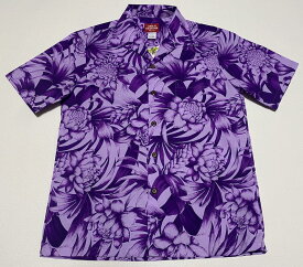 アロハシャツ メンズ 半袖 大きいサイズ 送料無料 AKIMIDESIGNSHAWAII(アキミ デザインズ ハワイ） AK214 紫色 フラワー柄 リーフ柄 人気 ブランド おしゃれ プレゼント 父の日 還暦 お祝い イベント 衣装 コットン35％ポリ65％ 開襟（オープンカラー）