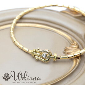 ハワイアンジュエリー ブレスレット K18 18金 ゴールド バングル スクロール ダンシング ダイヤモンド 0.1ct イエローゴールド (Weliana) 馬蹄 ホースシュー フリーサイズ スプリングブレスレット スイングダイヤ wbr1597