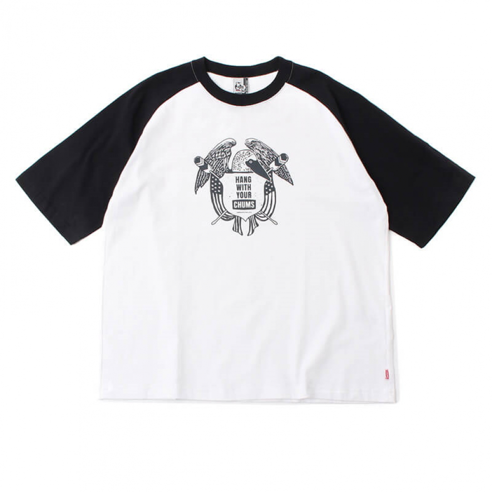 チャムス メンズ アウトドア 半袖Tシャツ オーバーサイズドチャムリークルーラグランTシャツ CH01-2182 K004 ブラック×ホワイト CHUMS
