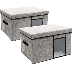 蓋付き 衣類 収納ボックス 収納ケース(2個セット) 大容量 衣類収納折りたたみ収納ボックス 取っ手付き 透明窓付き 洗濯可能 防塵 防湿 無臭 綿麻キャビネット収納