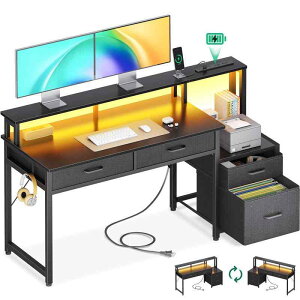 AODK パソコンデスク ゲーミングデスク 引き出しコンセント付き 幅120/140cm 机 pcデスク 勉強机 gaming desk LED&モニター台付き オフィス/在宅ワーク/ゲーム用 左右入れ替え対応