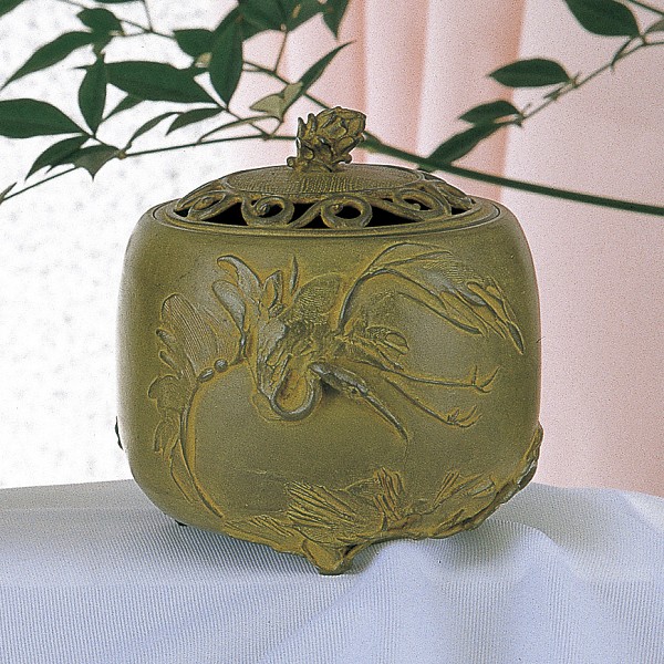 高岡銅器 伝統美術 名取川 雅司作 127-03 銅製 松鶴文香炉 激安セール 青銅色 信用