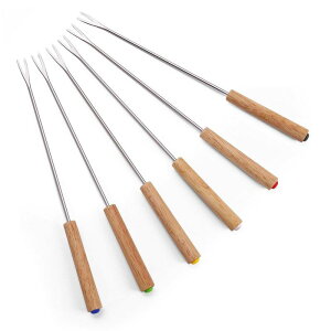 XeX tHftH[N 6{Zbg ؐnh `R[gt@Ee `[YtHf Set of 6 Stainless Steel Fondue Forks Wood Handle Heat Resistant 9.5" - for Chocolate Fountain Cheese Fondue by Sago 