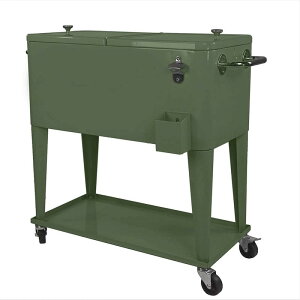カート型 クーラーボックス 76L カーキ 栓抜き付 Clevr 80 Quart Qt Rolling Cooler Ice Chest Cart for Outdoor Patio Deck Party, Hunter Green Retro, Portable Backyard Party Bar Cold Drink Beverage Tub Trolley, Wheels with Shelf, Stand & Bottl