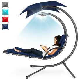 屋外用 ハンギングチェア スイング クッション キャノピー付 日よけ 3段階調節 LEDライト付き Best Choice Products Hanging LED-Lit Curved Chaise Lounge Chair Swing w/ 3 Light Settings, Removable Canopy Shade, Steel Stand【代引不可】