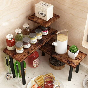 R[i[VFt 3i Ebh ؐ I fBXvC I[KiCU[ Homode [Newly Upgraded] Corner Shelf, 3 Tier Kitchen Counter Organizer, Storage Rack Shelves for Bathroom, Living Room, Wood and Metal Accent, Rustic Brown