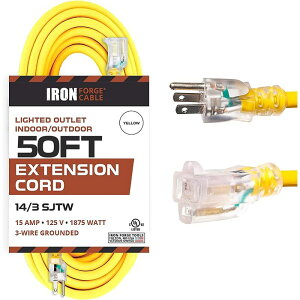 Op R[h 15m P[u _ ό @ dH Iron Forge Outdoor Lighted Extension Cord 50 Ft - 14/3 SJTW Heavy Duty 15 AMP Yellow Extension Cable with 3 Prong Grounded Safety Plug