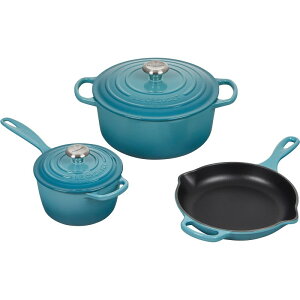 ���E�N���[�[ ���N���[�[ �N�b�N�E�F�A �� �t���C�p�� 3�_�Z�b�g �J���r�A�� �u���[ Le Creuset 5 Piece Signature Enameled Cast Iron Cookware Set, Caribbean