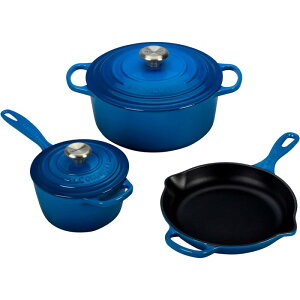 ���E�N���[�[ ���N���[�[ �N�b�N�E�F�A �� �t���C�p�� 3�_�Z�b�g �}���Z�C�� �u���[ Le Creuset 5 Piece Signature Enameled Cast Iron Cookware Set, Marseille