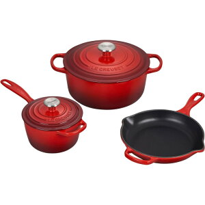 ���E�N���[�[ ���N���[�[ �N�b�N�E�F�A �� �t���C�p�� 3�_�Z�b�g �Z���[�X Le Creuset 5 Piece Signature Enameled Cast Iron Cookware Set, Cerise