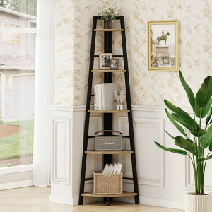 R[i[VFt ؐ I[N ^ bN 5i I fBXvC BON AUGURE Corner Ladder Shelf, 5 Tier Metal Wood Corner Bookshelf, Tall Corner Shelf Plant Stand for Living Room, Home Office, Bathroom