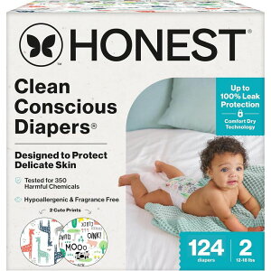 �����ނ� 124���� �̏d5�`8kg ��h���� ������ �R��h�~ The Honest Company Comfort Dry Disposable Diapers for Sensitive Skin, Hypoallergenic, Fragrance-Free, Multi-Colored Giraffes + Barnyard Babies, Super Club Box Size 2 (12-18 lbs), 124 