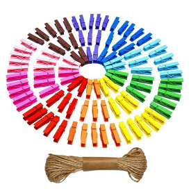 ウッドクリップ 10色入り 100個 洗濯バサミ 木製 eBoot Mini Colored Natural Wooden Clothespins Photo Paper Peg Pin Craft Clips with Jute Twine, 100 Pieces