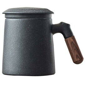 ティーマグ 380ml ステンレス 茶こし付 サンダルウッドハンドル セラミック Sandalwood handle Tea Mug, Chinese Ceramic Tea Cup, with Infuser and Lid, 13 oz, Matte Grey
