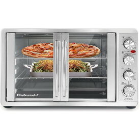 大きい コンベクション オーブン 45L 大容量 フレンチドア ステンレス 庫内幅39cm ロティサリー Elite Gourmet ETO-4510M Double French Door Countertop Convection Toaster Oven, Bake Broil Toast Rotisserie Keep Warm 2 Racks, 45 L, Stainless Steel & Black 家電