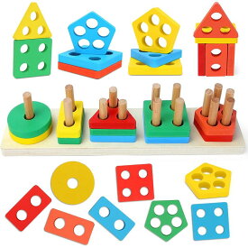 モンテソーリ 知育玩具 木のパズル 木製 おもちゃ Montessori Toys for 1 2 3 4 Year Old Girls Boys Wooden Puzzles Stacking Toys Gifts for Toddlers Educational Toys Color Recognition Shape Sorter