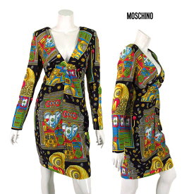 【定価￥138,000の90％OFF】【BARGAIN】【秋冬物】【合い物】【半額以上】【正規取扱い】MOSCHINO COUTURE【モスキーノクチュール】【レディース】ジャックポットプリントVネック長袖ワンピース　カジノ/ブラック×マルチ【サイズ40】【イタリア製】