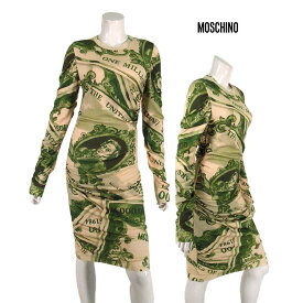 【定価￥168,000の90％OFF】【BARGAIN】【秋冬物】【半額以上】【正規取扱い】MOSCHINO COUTURE【モスキーノクチュール】【レディース】プリントウールニット地ギャザーデザインワンピース/ベージュ×グリーン【サイズ44】【イタリア製】